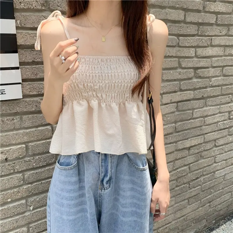 2023 Summer Women Bubble Pleated Camisole Top Black - Image 8