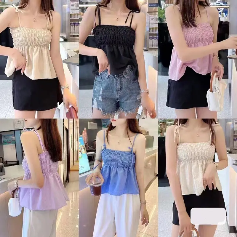 2023 Summer Women Bubble Pleated Camisole Top Black — feature 2