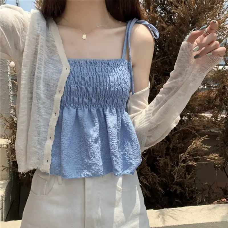 2023 Summer Women Bubble Pleated Camisole Top Black — feature 3