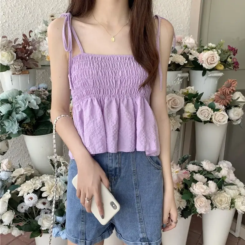 2023 Summer Women Bubble Pleated Camisole Top Black — feature 6