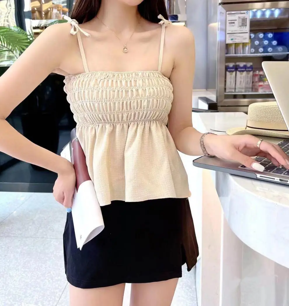 2023 Summer Women Bubble Pleated Camisole Top Black — feature 9