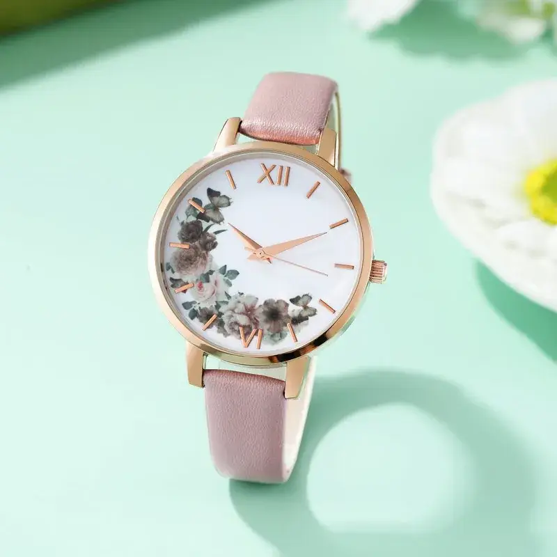 Women's Spring Flower Quartz Watch Pink Leather Band - Image 2