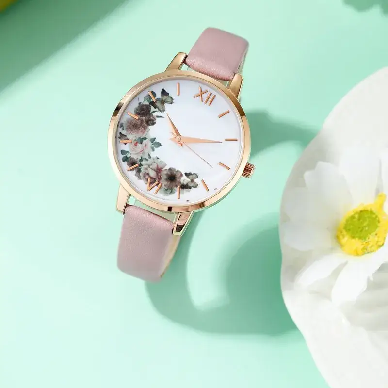 Women's Spring Flower Quartz Watch Pink Leather Band - Image 3