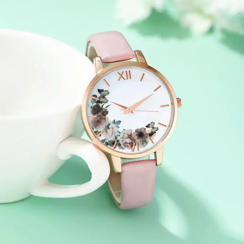 Women's Spring Flower Quartz Watch Pink Leather Band - Image 4