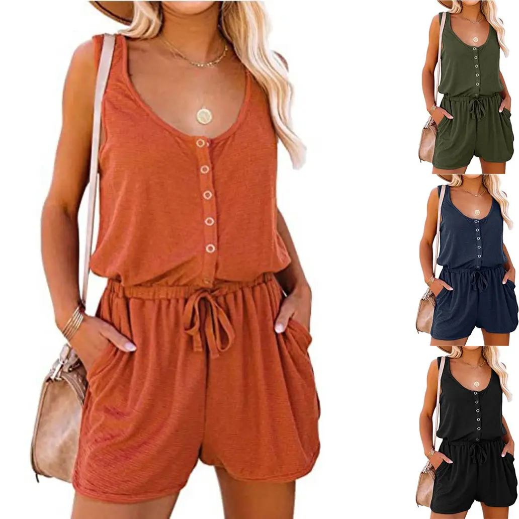 Sleeveless Jumpsuit Waist Tie Shorts Set Orange - Image 7