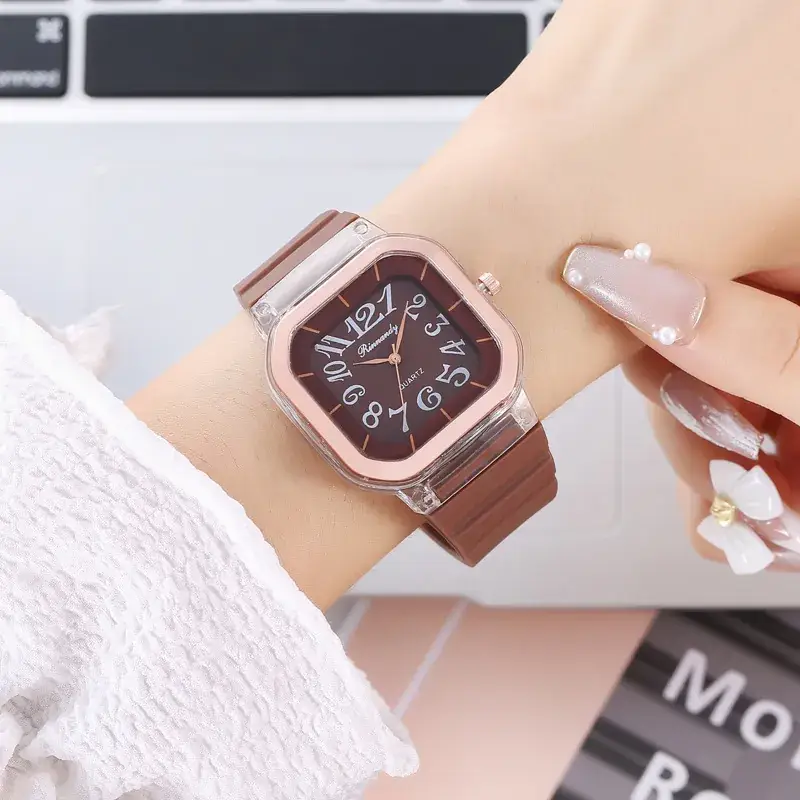Quartz Digital Square Silicone Jelly Watch Rose Gold White