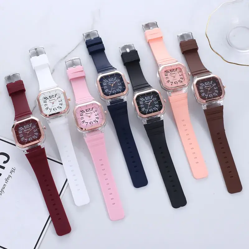 Quartz Digital Square Silicone Jelly Watch Rose Gold White