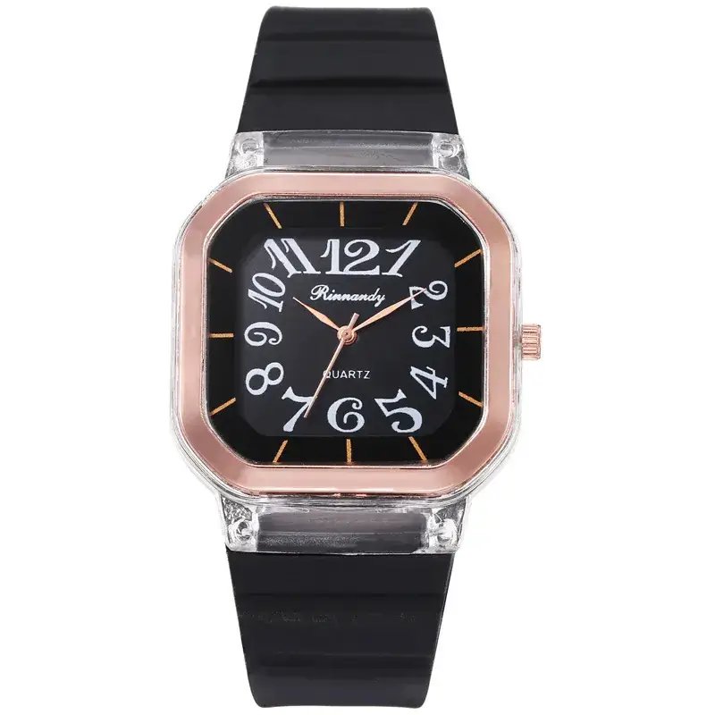 Quartz Digital Square Silicone Jelly Watch Rose Gold White
