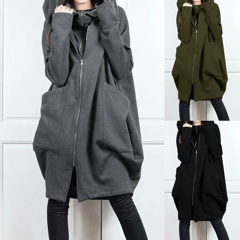 Women Hooded Zipper Long Coat Grey Loose Fit - Image 9
