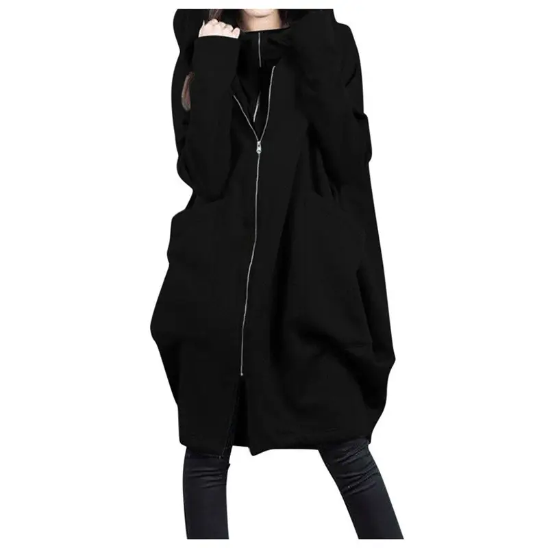 Women Hooded Zipper Long Coat Grey Loose Fit - Image 2