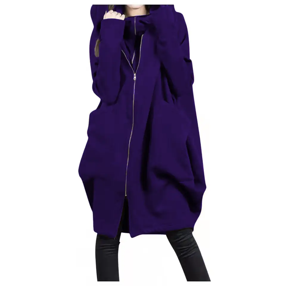 Women Hooded Zipper Long Coat Grey Loose Fit - Image 8