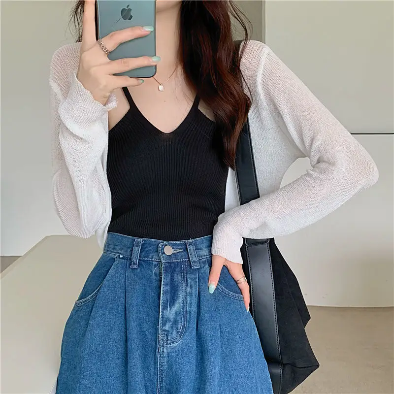 Women Long-Sleeved Knitted Sun Protection Shawl Pink Black - Image 2