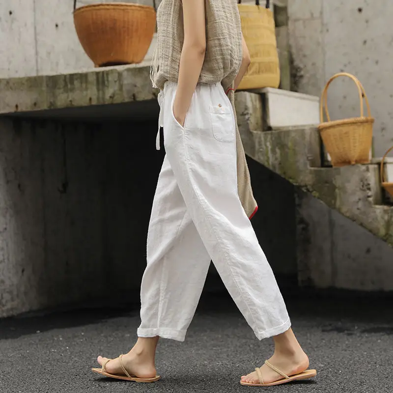 Women Cotton Linen Wide Leg Pants Black