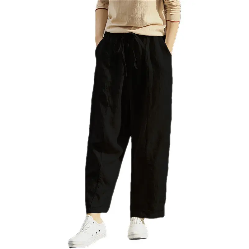 Women Cotton Linen Wide Leg Pants Black