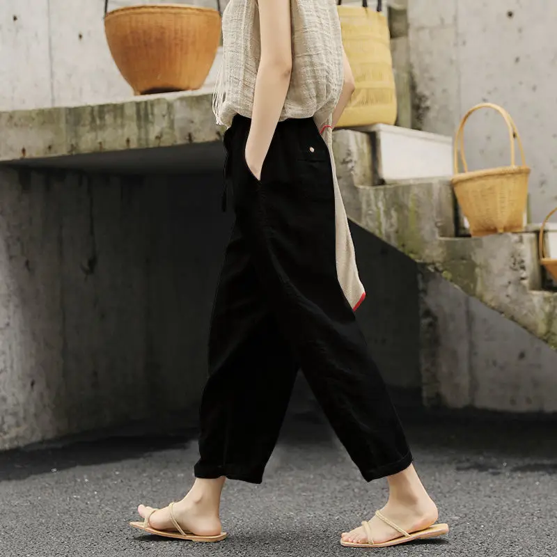 Women Cotton Linen Wide Leg Pants Black — feature 10