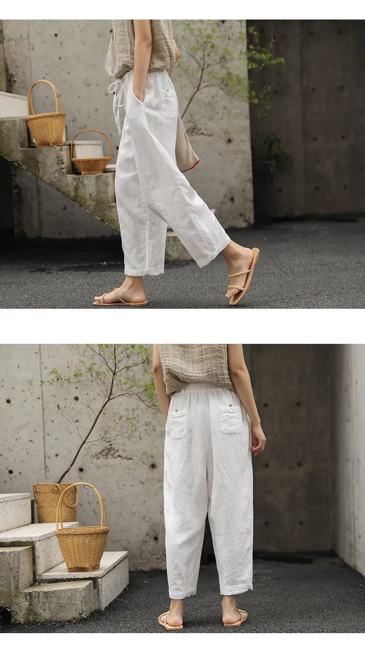 Women Cotton Linen Wide Leg Pants Black — feature 13