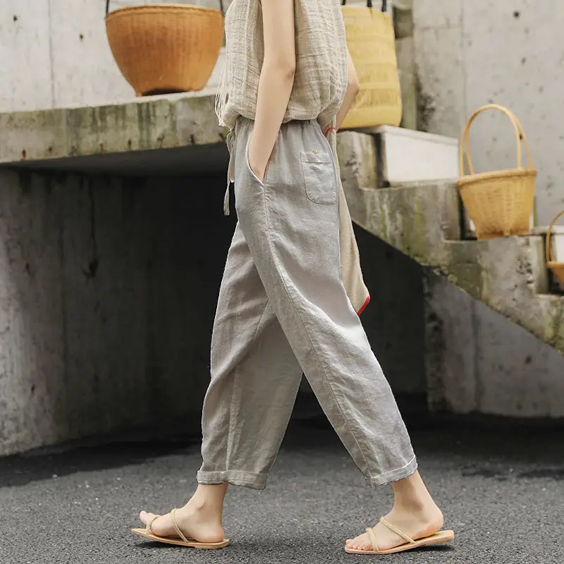 Women Cotton Linen Wide Leg Pants Black — feature 4