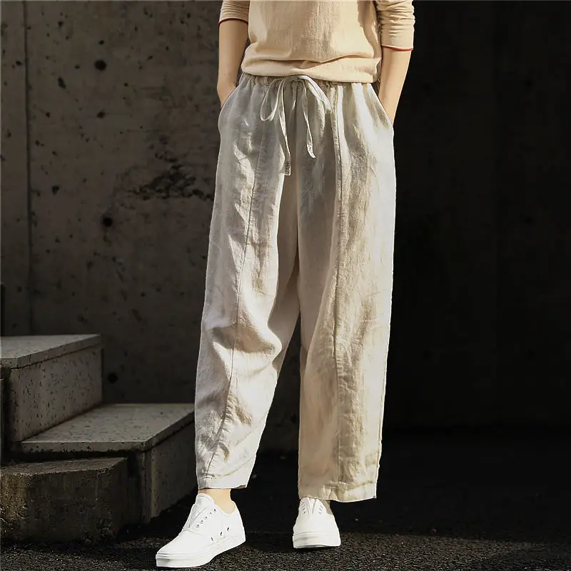 Women Cotton Linen Wide Leg Pants Black — feature 5