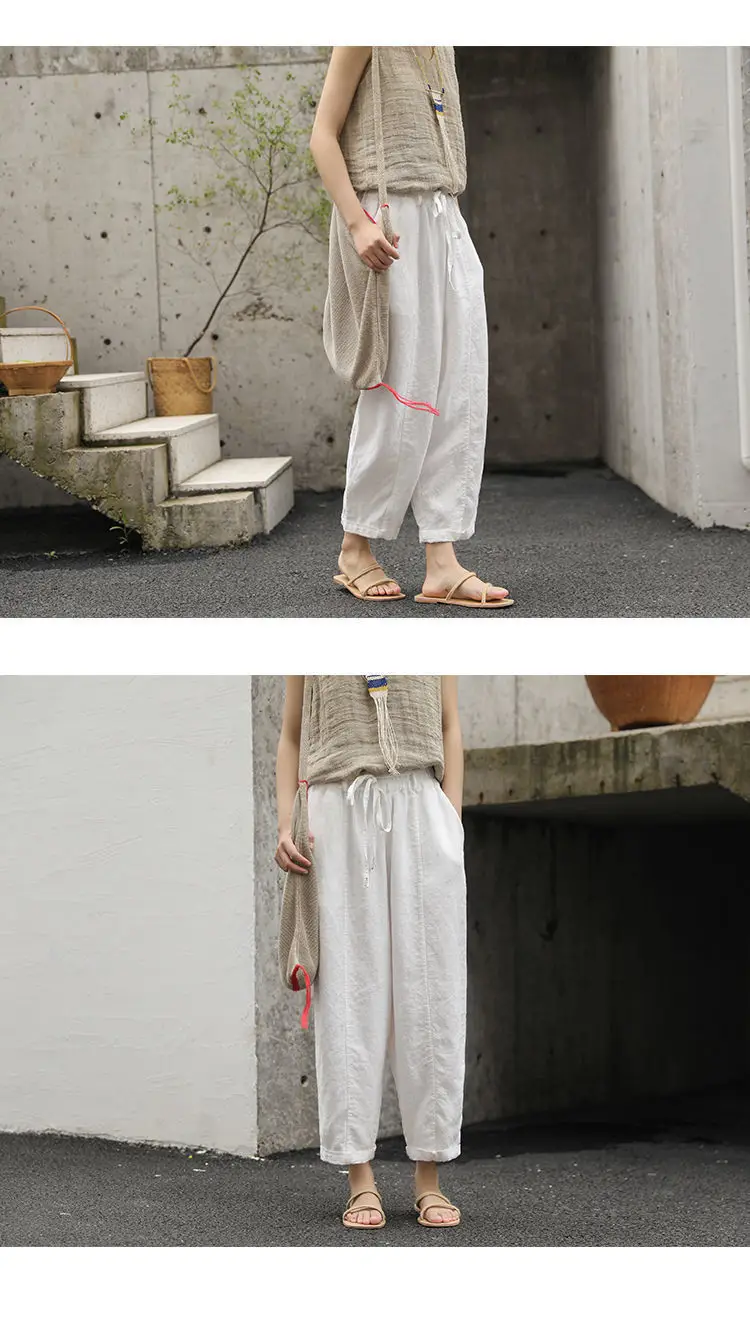 Women Cotton Linen Wide Leg Pants Black — feature 7