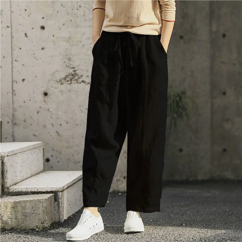 Women Cotton Linen Wide Leg Pants Black — feature 9