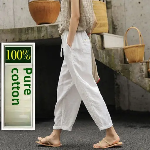 Women Cotton Linen Wide Leg Pants Black