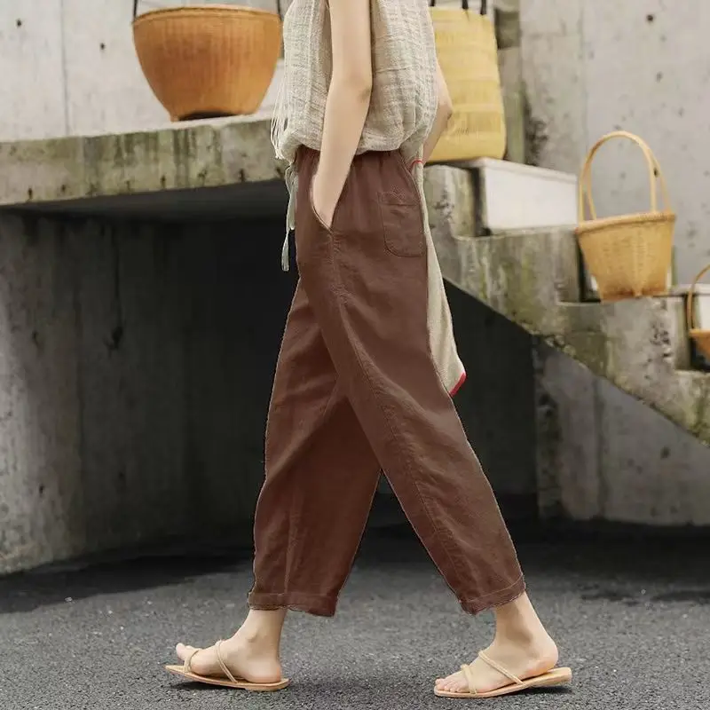 Women Cotton Linen Wide Leg Pants Black