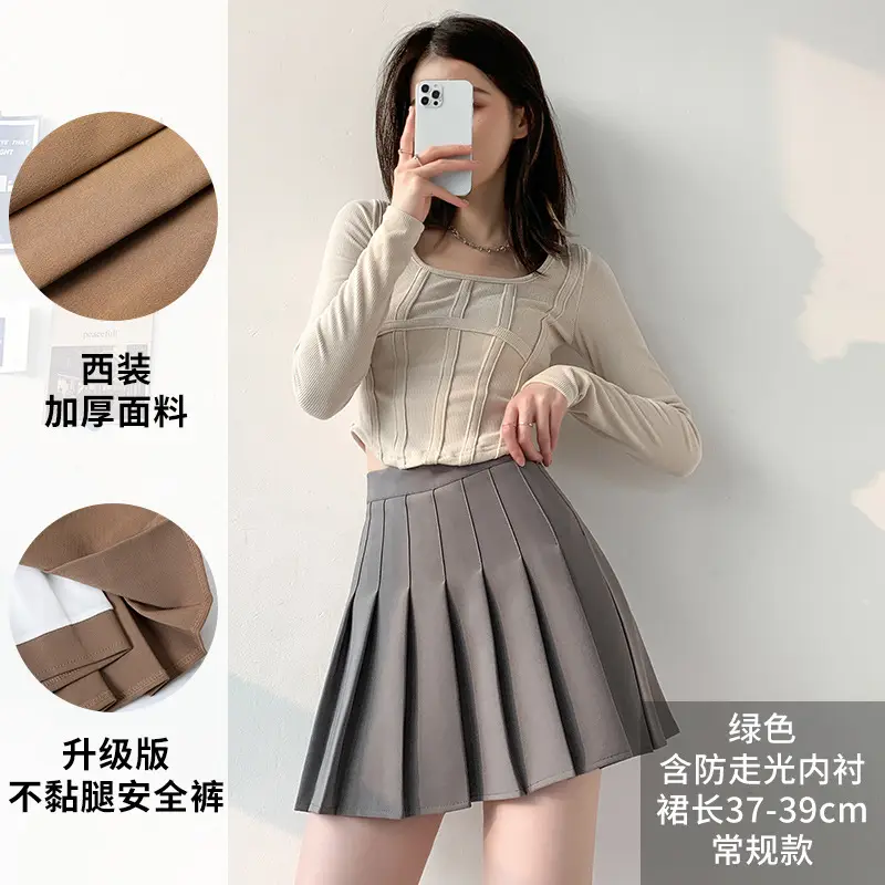 Women Pleated Skirt High Waist Green Plus Size