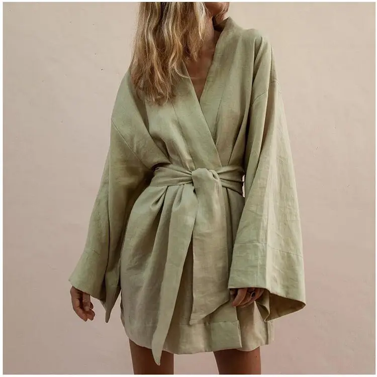 Women's 2022 Loose Cotton Linen Cardigan Dress Olive Green