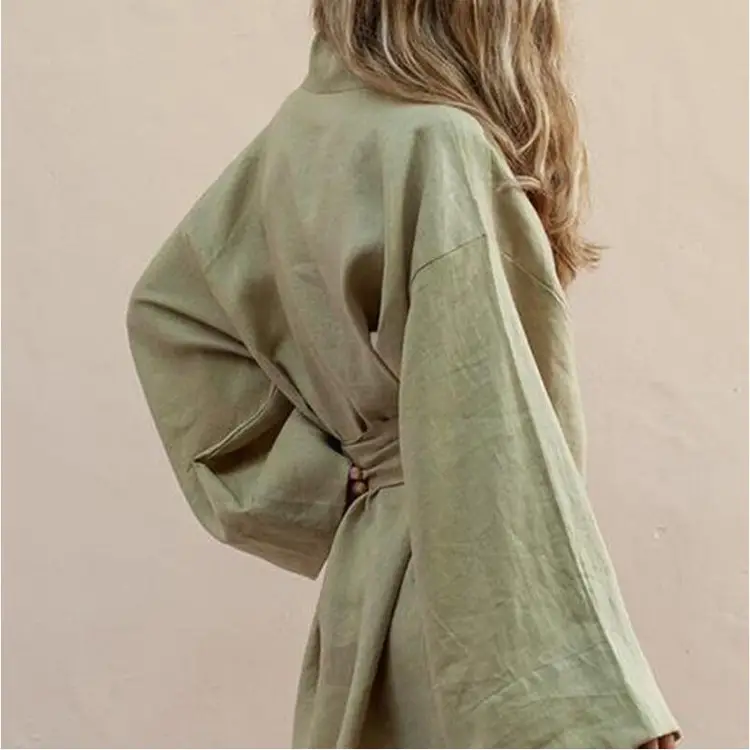 Women's 2022 Loose Cotton Linen Cardigan Dress Olive Green