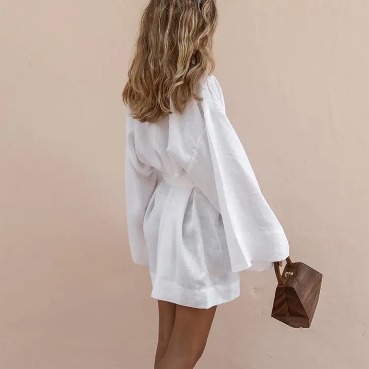 Women's 2022 Loose Cotton Linen Cardigan Dress Olive Green
