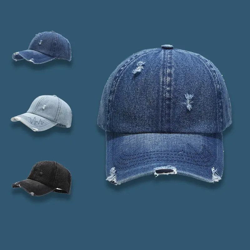 Men Sun-Proof Distressed Denim Peaked Cap Black Blue - Image 4