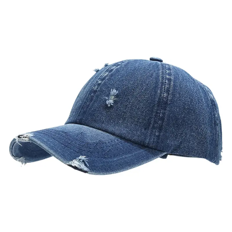 Men Sun-Proof Distressed Denim Peaked Cap Black Blue