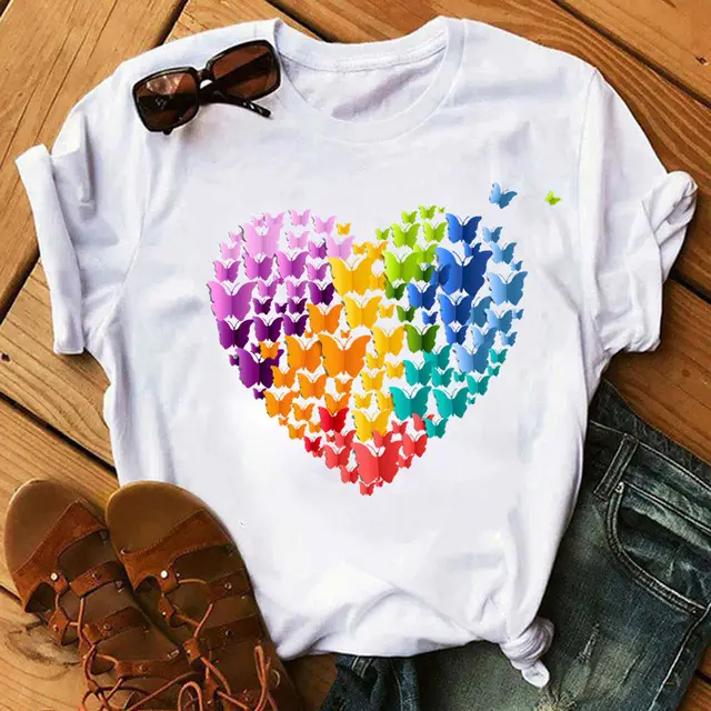 Women Blue Heart Floral Print T-Shirt Short Sleeve