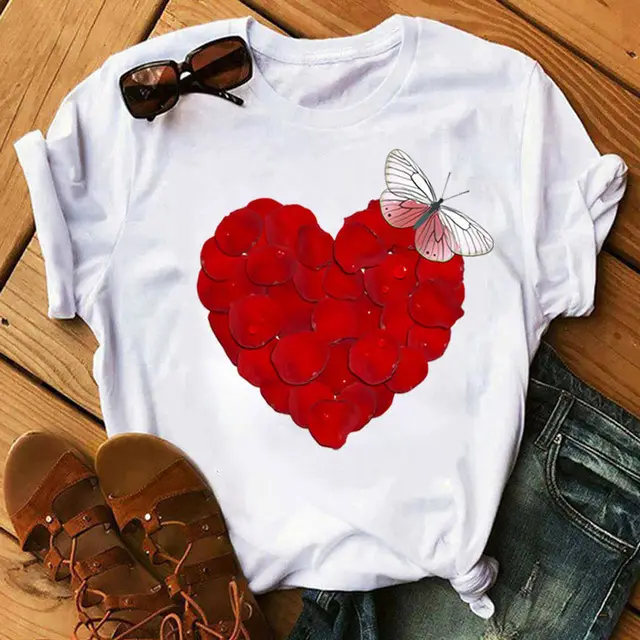 Women Blue Heart Floral Print T-Shirt Short Sleeve