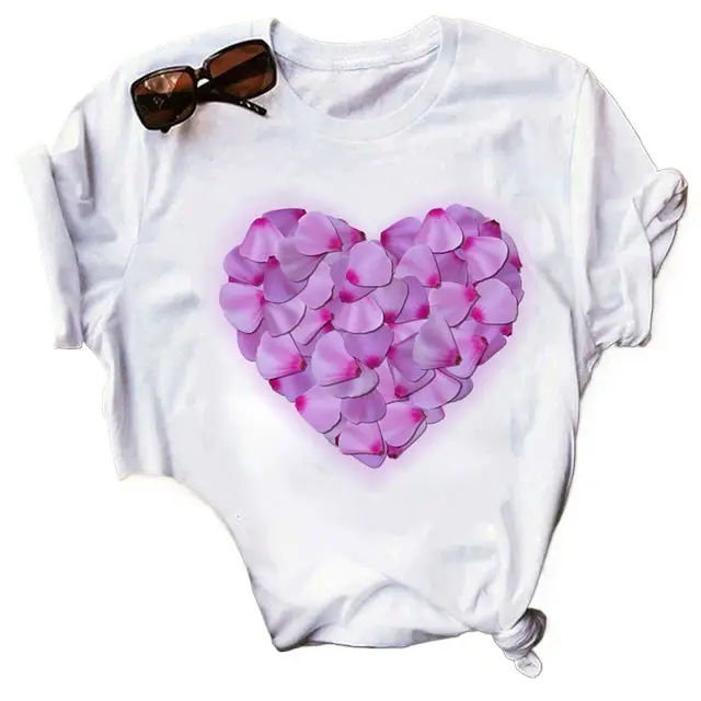 Women Blue Heart Floral Print T-Shirt Short Sleeve