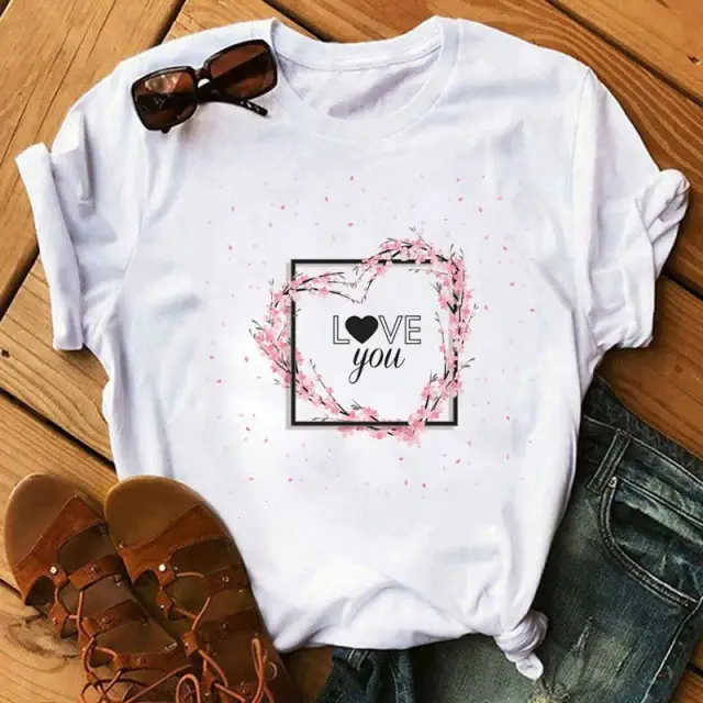 Women Blue Heart Floral Print T-Shirt Short Sleeve