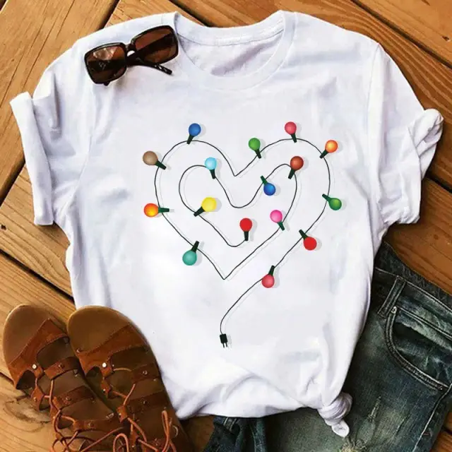 Women Blue Heart Floral Print T-Shirt Short Sleeve