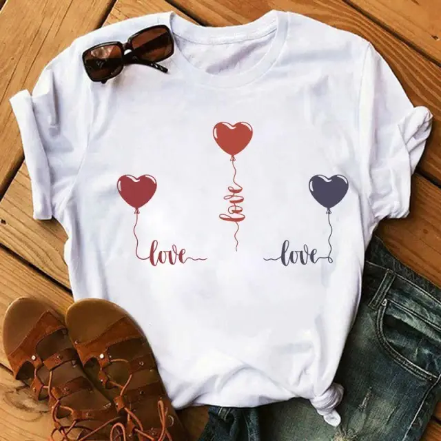 Women Blue Heart Floral Print T-Shirt Short Sleeve