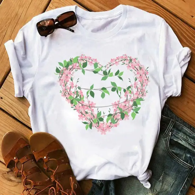 Women Blue Heart Floral Print T-Shirt Short Sleeve