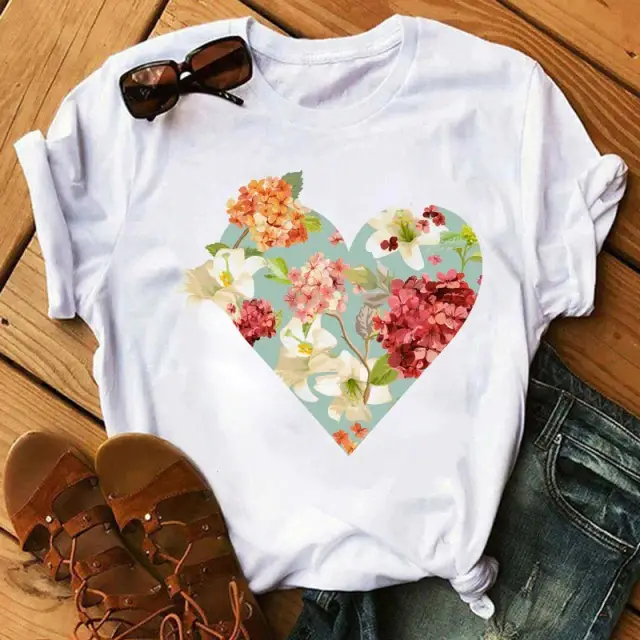 Women Blue Heart Floral Print T-Shirt Short Sleeve
