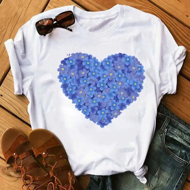 Women Blue Heart Floral Print T-Shirt Short Sleeve