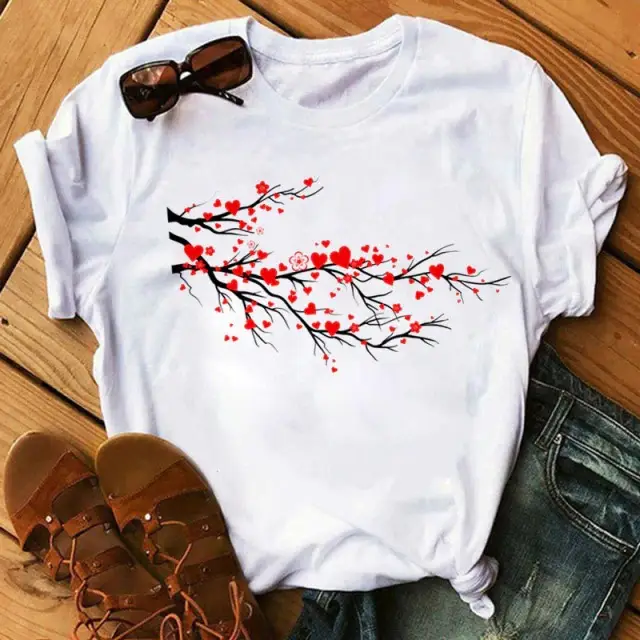 Women Blue Heart Floral Print T-Shirt Short Sleeve