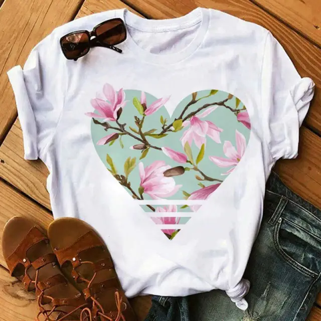 Women Blue Heart Floral Print T-Shirt Short Sleeve
