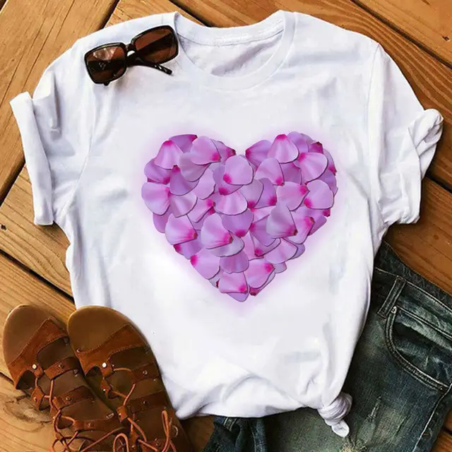 Women Blue Heart Floral Print T-Shirt Short Sleeve