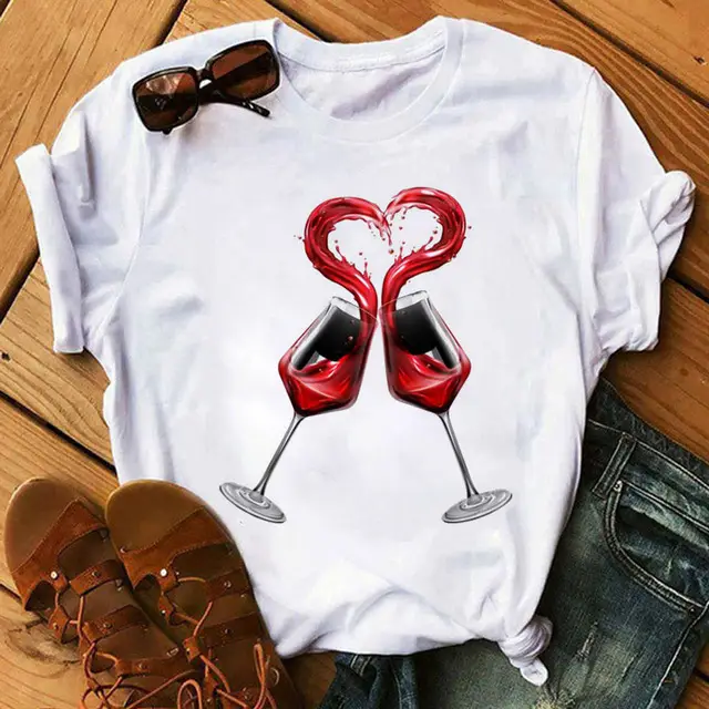 Women Blue Heart Floral Print T-Shirt Short Sleeve