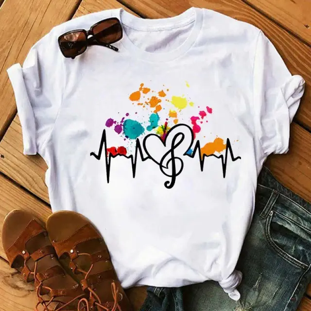 Women Blue Heart Floral Print T-Shirt Short Sleeve