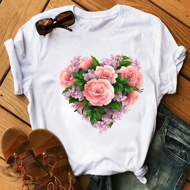 Women Blue Heart Floral Print T-Shirt Short Sleeve