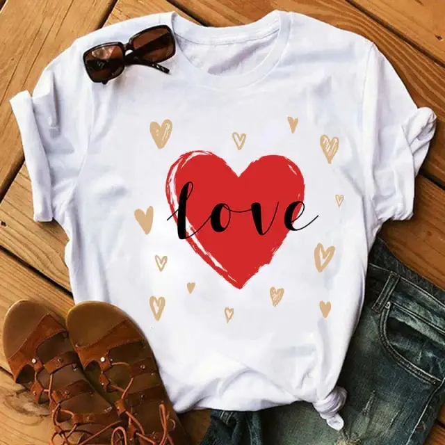 Women Blue Heart Floral Print T-Shirt Short Sleeve
