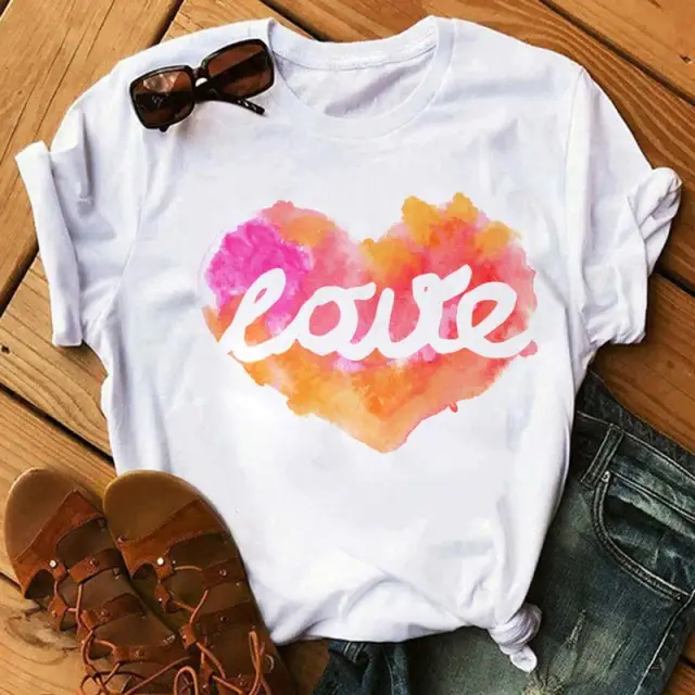 Women Blue Heart Floral Print T-Shirt Short Sleeve