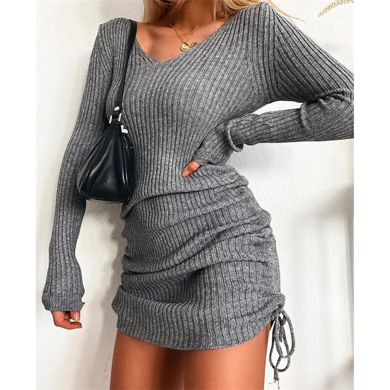 2025 Knitted V Neck Long Sleeve Ribbed Skirt Set - Image 2